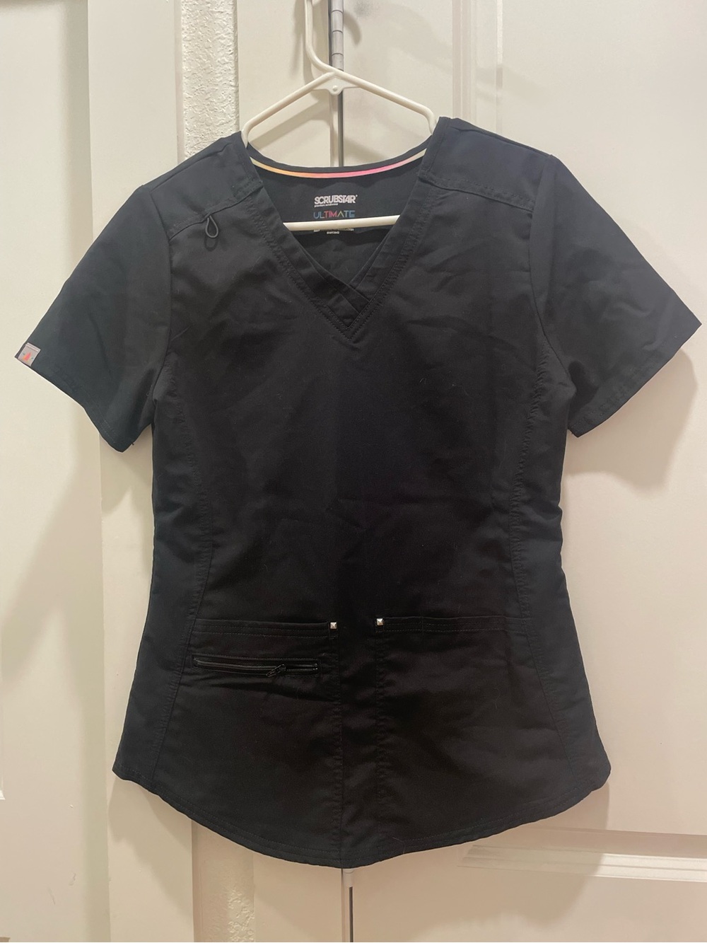 Scrubstar Black V-Neck Short Sleeve Scrub Top with Zip Pocket Accent